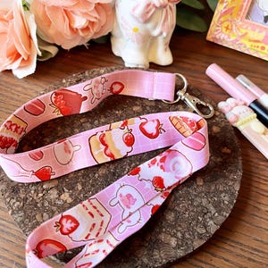 Süßer Hase, Kawaii Erdbeer Kuchen Portemonnaie, Erdbeer Dessert Zubehör, süßes Kaninchen Schlüsselband, Kartenhalter, süßes Schlüsselband