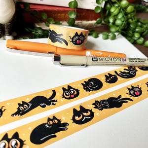 Cute Black Cat Washi Tape for Bullet Journalling, Cute Stationary, Bullet Journal, Cat Lovers Gift Idea, Yellow Crafting Tape, Deco Tape