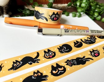 Niedliches schwarzes Katzen Washi Tape für Bullet Journaling, süßes Schreibwaren, Bullet Journal, Katzenliebhaber Geschenkidee, gelbes Bastelband