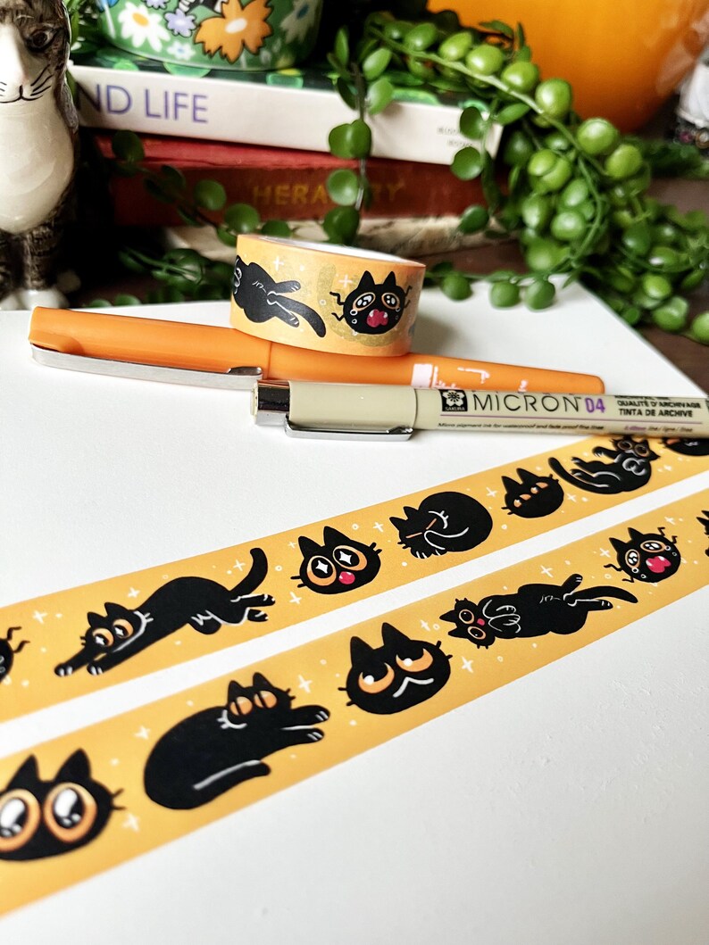 Cute Black Cat Washi Tape for Bullet Journalling, Cute Stationary, Bullet Journal, Cat Lovers Gift Idea, Yellow Crafting Tape, Deco Tape image 1