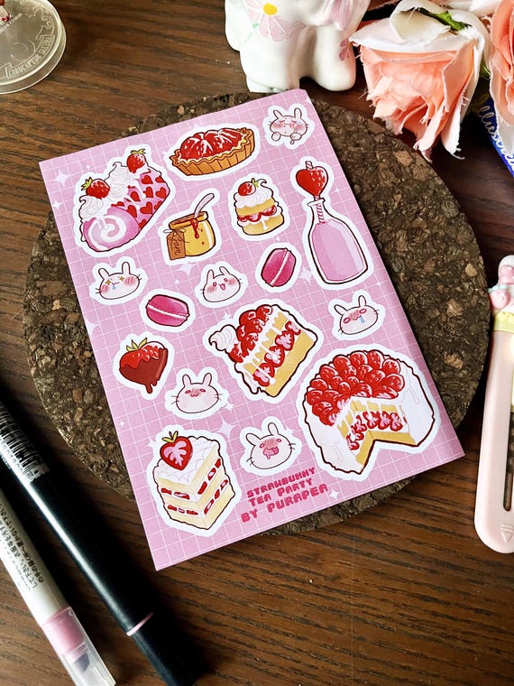Strawbunny Tea Party, Cute Strawberry Stickers For Bullet Journalling, Dessert Sticker Sheet, Strawberry Aesthetic Cute Stationary Planner