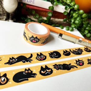 Cute Black Cat Washi Tape for Bullet Journalling, Cute Stationary, Bullet Journal, Cat Lovers Gift Idea, Yellow Crafting Tape, Deco Tape image 2
