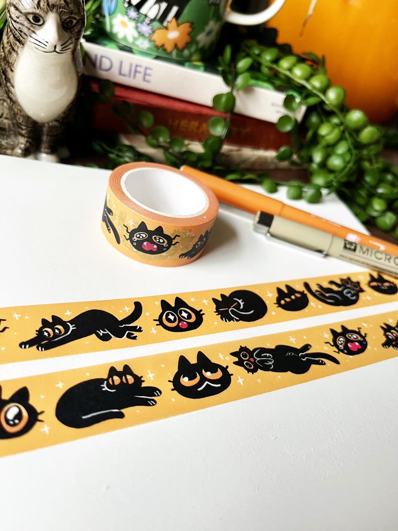 Cute Black Cat Washi Tape for Bullet Journalling, Cute Stationary, Bullet Journal, Cat Lovers Gift Idea, Yellow Crafting Tape, Deco Tape image 2