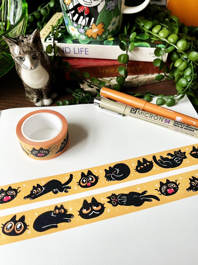 Cute Black Cat Washi Tape for Bullet Journalling, Cute Stationary, Bullet Journal, Cat Lovers Gift Idea, Yellow Crafting Tape, Deco Tape image 3