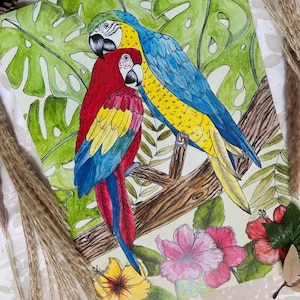 Tropical Two Parrots, Hibiscus, Jungle original watercolour painting illustration print