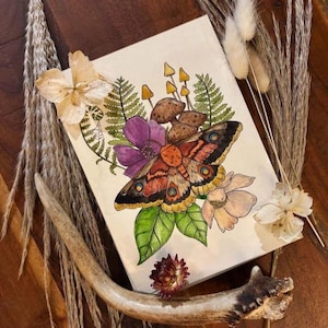 Moth & Mushrooms with Flowers Watercolour Print