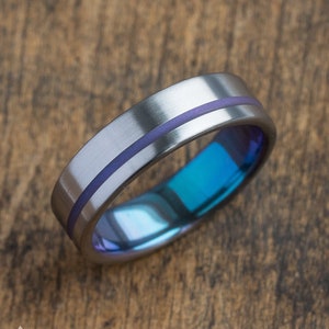 Titanium Ring with Purple Stripe: Modern Satin Wedding Band