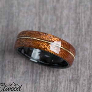 Mahogany & Black Oak Ring with Guitar String Inlay - Handmade Bentwood