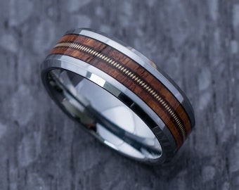 Tungsten and Rosewood Santos Ring With Guitar String Inlay - Promise Ring - Mens Wedding Band - Guitarist Ring - Musician Gift - Rock&#39;n&#39;roll