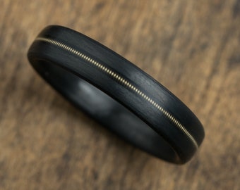 Carbon Fiber Ring With Guitar String Inlay - Mens Wedding Band - Guitarist Ring - Musician Gift - Rock&#39;n&#39;roll - Black And Gold Ring -Promise