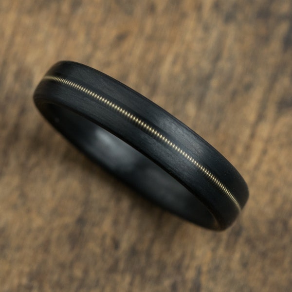 Carbon Fiber Ring With Guitar String Inlay - Mens Wedding Band - Guitarist Ring - Musician Gift - Rock'n'roll - Black And Gold Ring -Promise