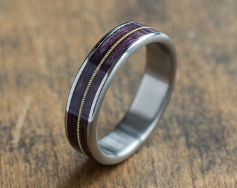 Titanium and purple wood ring with golden guitar string inlay, anniversary gift, wedding band, mens ring, guitarist gift, rock style ring