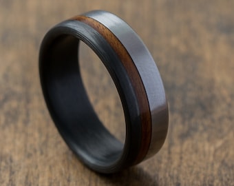 Titanium, Carbon Fiber and Rosewood Ring, Black Ring, Wedding Ring for Groom, Wooden Ring, Mens Ring, Aerospace Grade Titanium, Gunmetal