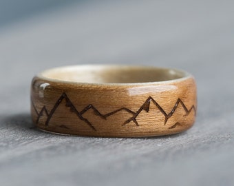 Mountain Ring - Wood Ring - Cherry and Finnish Birch Wood - Snowboard Gift - Mountain lover - Traveler gift - Trekking - Mens Ring Climbing