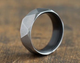 Titanium Carbon Fiber Ring: Faceted Industrial Wedding Band