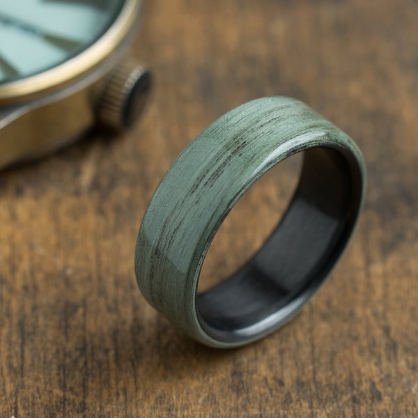 Green Ash Wood Ring With Carbon Fiber Inside - Wedding Band - Wooden Ring - Dark Band - Boyfriend Gift - Mens Ring - Black Carbon Ring