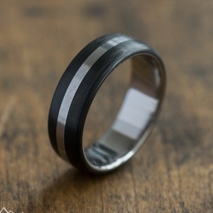 Titanium and carbon fiber ring - Industrial minimalist band - Wedding ring - Mens gray and black ring - 5 year anniversary gift - Engagement