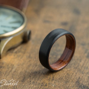 Carbon Fiber and Bubinga Wood Ring Black Ring Wedding Band Wooden Ring Dark Band Boyfriend Gift Mens Ring Carbon Ring Classy image 5