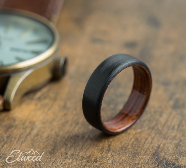 Carbon Fiber and Bubinga Wood Ring Black Ring Wedding Band Wooden Ring Dark Band Boyfriend Gift Mens Ring Carbon Ring Classy image 5