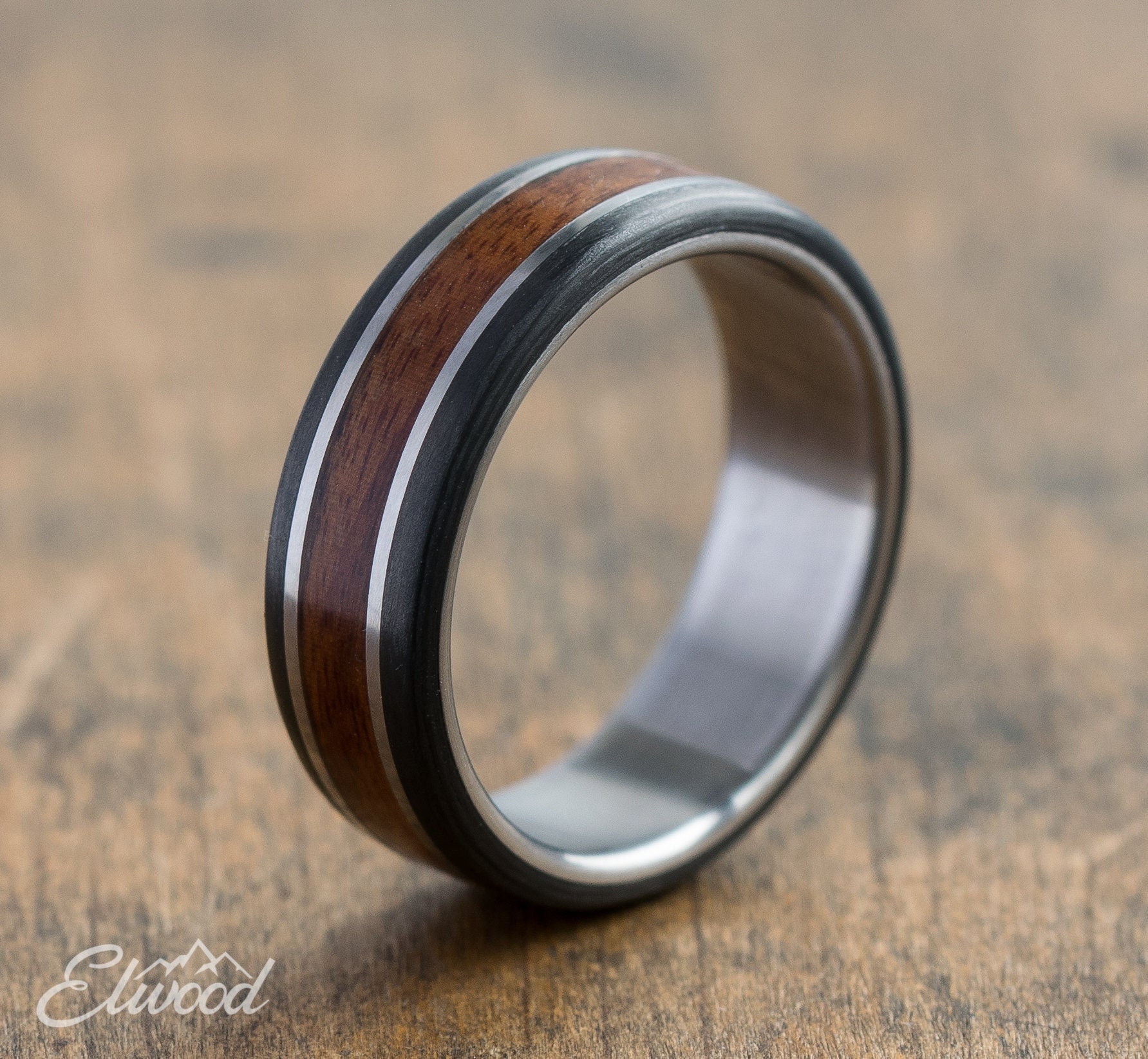Titanium, Carbon Fiber and Rosewood Ring - Black Ring - Wedding Band - Wooden Ring - Dark Band - Boyfriend Gift - Mens Ring - Carbon Ring