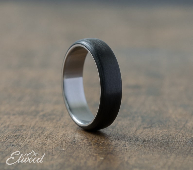 Carbon fiber and titanium ring Industrial ring Minimalist wedding band Black mens ring Simple carbon band Gray and black ring image 1