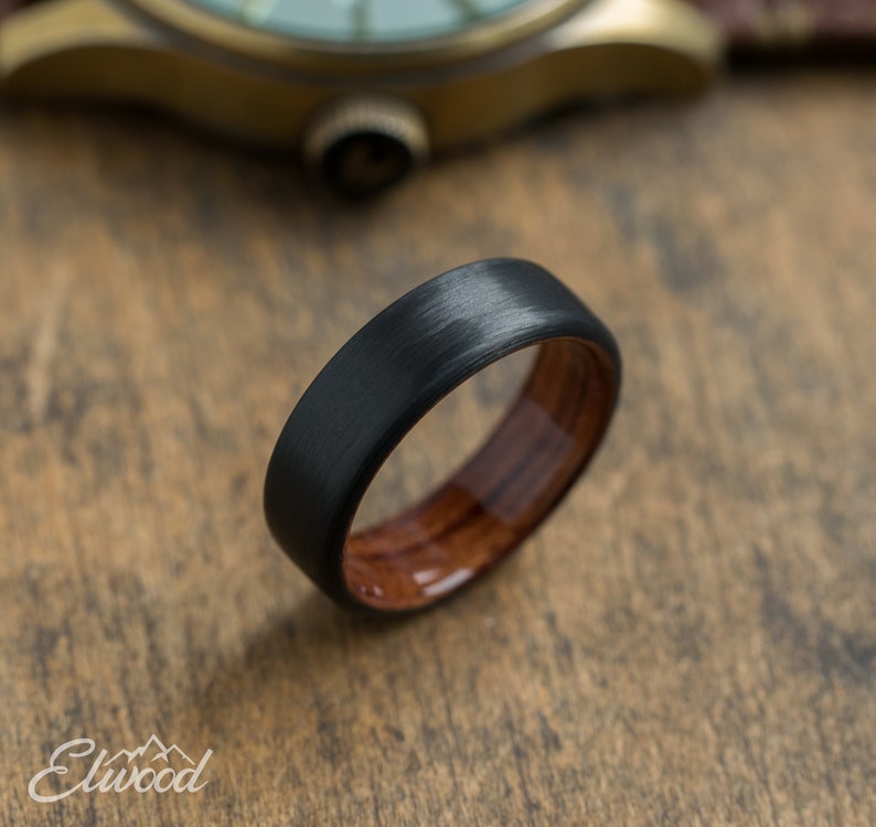Carbon Fiber and Bubinga Wood Ring Black Ring Wedding Band Wooden Ring Dark Band Boyfriend Gift Mens Ring Carbon Ring Classy image 3