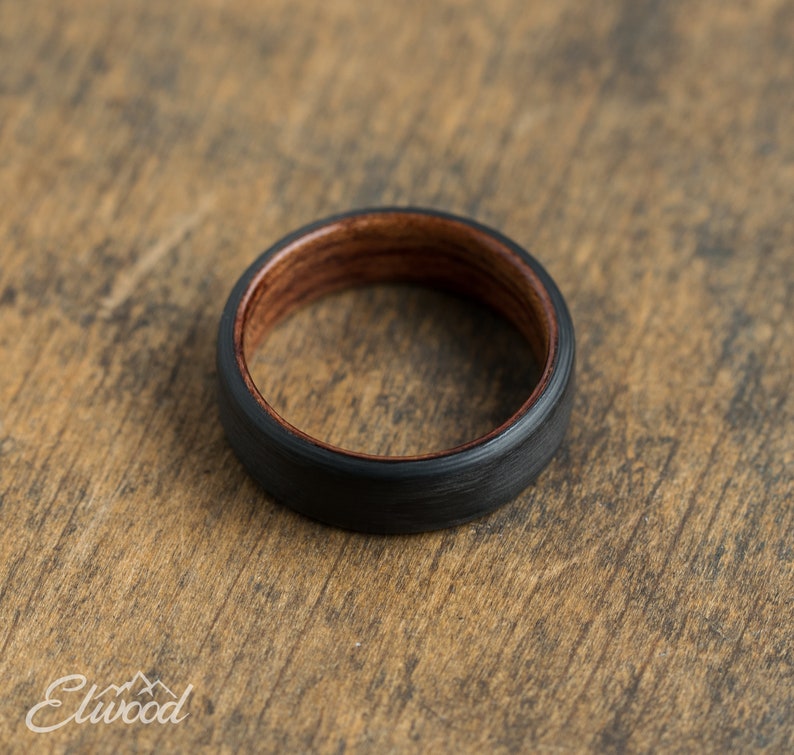 Carbon Fiber and Bubinga Wood Ring Black Ring Wedding Band Wooden Ring Dark Band Boyfriend Gift Mens Ring Carbon Ring Classy image 4