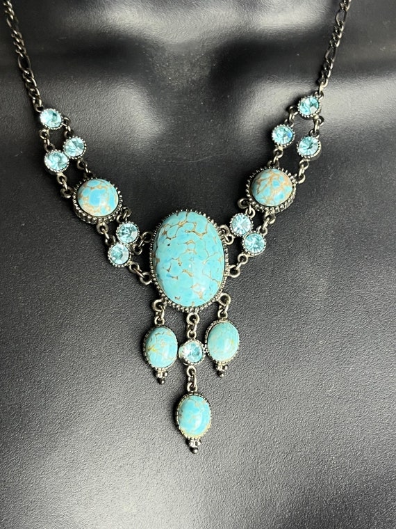 Statement Necklace Turquoise Stone & Rhinestone c… - image 3