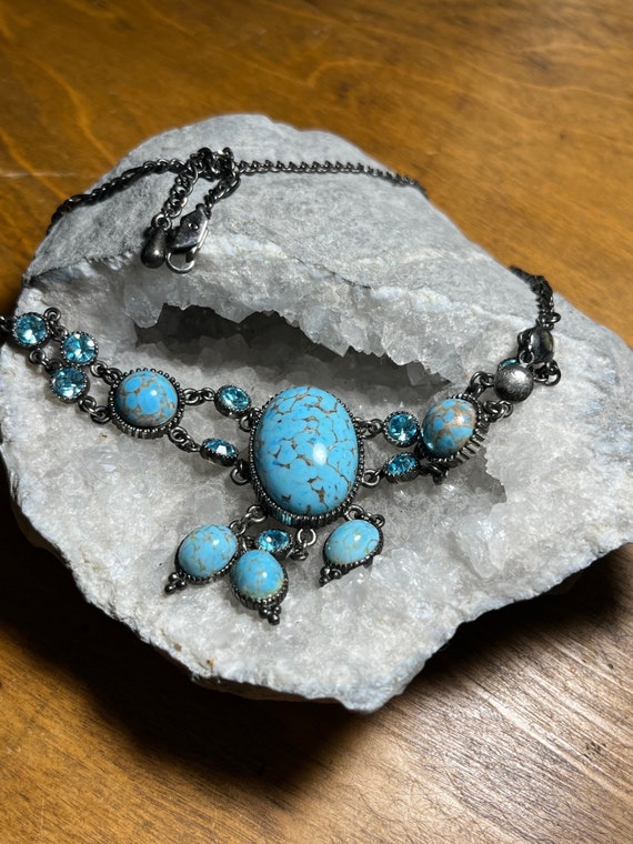 Statement Necklace Turquoise Stone & Rhinestone c… - image 1