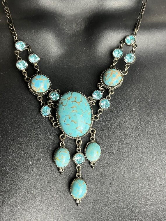 Statement Necklace Turquoise Stone & Rhinestone c… - image 4