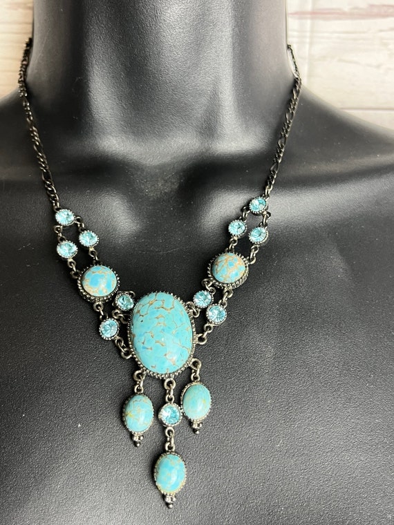 Statement Necklace Turquoise Stone & Rhinestone c… - image 2