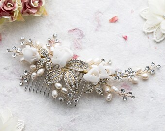 Freya pearl and silk flowers gold hair comb