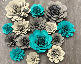 Turquoise & Gray - Rolled Paper Flower Assortment - Pack of 15