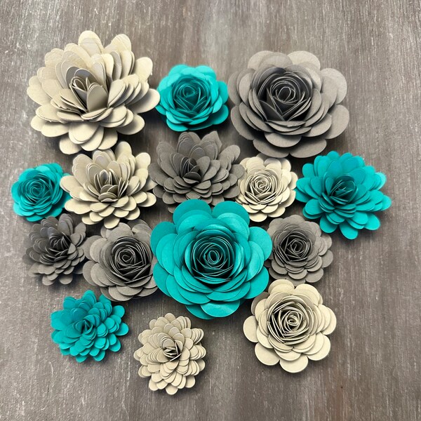 Turquoise & Gray - Rolled Paper Flower Assortment - Pack of 15