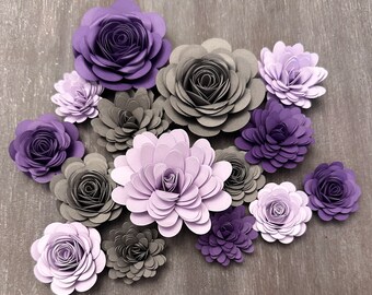 Dark Purple Light Purple & Gray - Rolled Paper Flower Assortment - Pack of 15