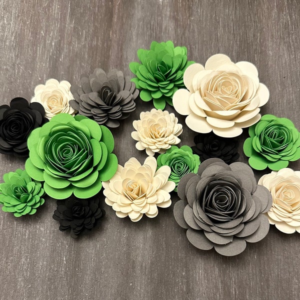 Green Black Gray & White - Rolled Paper Flower Assortment - Pack of 15