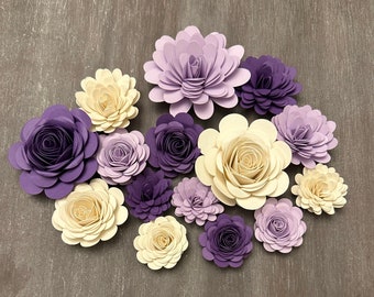 Dark Purple Light Purple & White - Rolled Paper Flower Assortment - Pack of 15