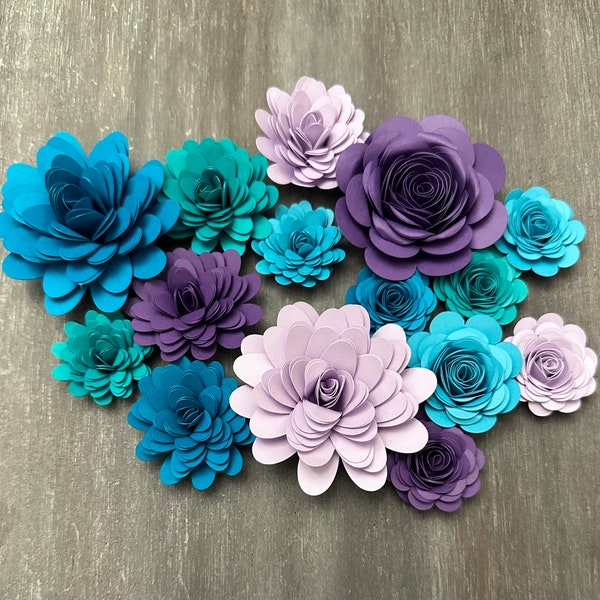 Purple & Teal - Rolled Paper Flower Assortment - Pack of 15