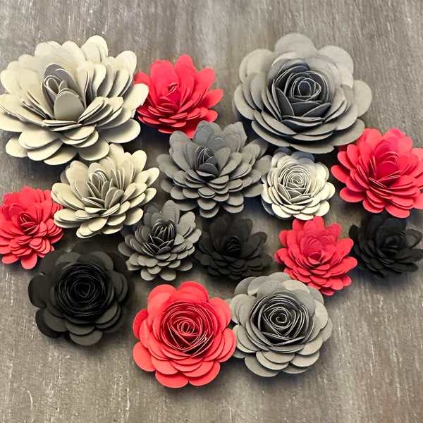 Red Black & Gray - Rolled Paper Flower Assortment - Pack of 15