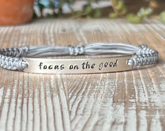 Focus On The Good | Hand Stamped Bracelet | Adjustable Aluminum Bar Bracelet | Nylon  Cord Bracelet | Choose Your Color Band