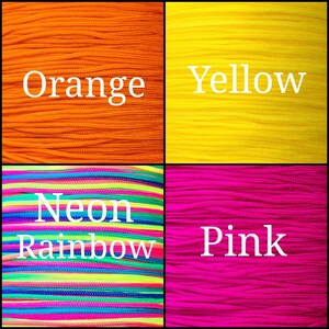 May include: Close-up of four spools of colorful cord. The spools are labeled "Orange", "Yellow", "Neon Rainbow", and "Pink".