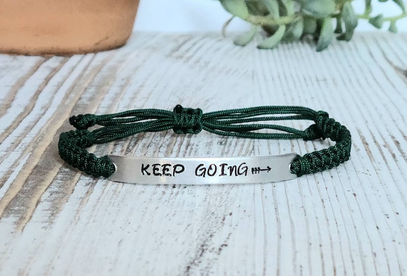Keep Going | Hand Stamped Bracelet | Adjustable Aluminum Bar Bracelet | Nylon Cord Bracelet | Choose Your Color Band image 1