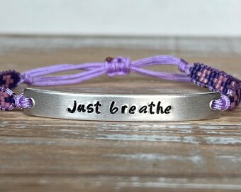 Just Breathe | Hand Stamped Bracelet | Adjustable Bracelet | Bead Loom Bracelet | Lightweight Bracelet | Woven Beaded Bracelet |