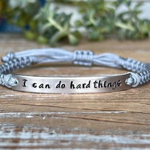 I Can Do Hard Things | Hand Stamped Bracelet | Adjustable Aluminum Bar Bracelet | Nylon Cord Bracelet | Choose Your Color Band