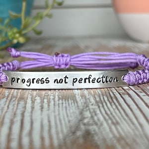 Progress Not Perfection | Hand Stamped Bracelet | Adjustable Bracelet | Nylon Cord Bracelet | Choose Your Color Band
