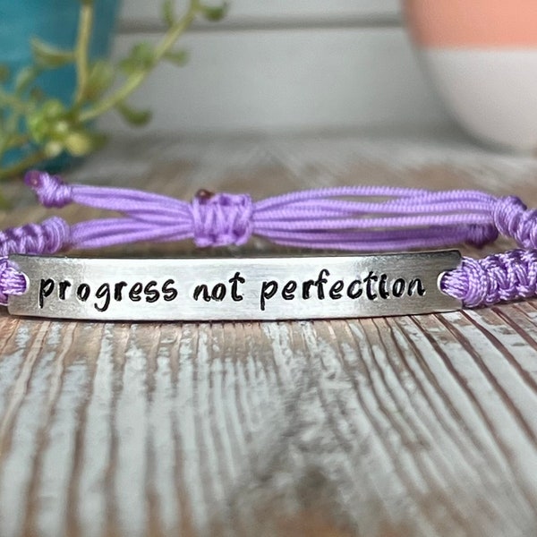 Progress Not Perfection | Hand Stamped Bracelet | Adjustable Bracelet | Nylon Cord Bracelet | Choose Your Color Band