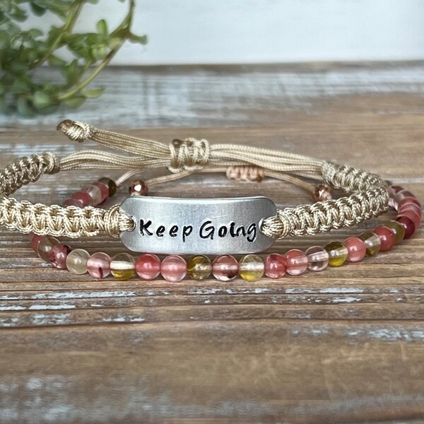 Keep Going | Hand Stamped Bracelet Set | Adjustable Bracelet Set | Beaded Quartz Bracelet Set | Nylon Cord Bracelet | Keep Going Bracelet