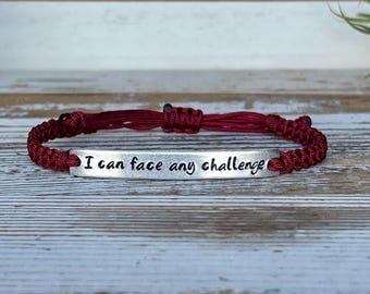 I Can Face Any Challenge | Hand Stamped Bracelet | Adjustable Aluminum Bar Bracelet | Nylon Cord Bracelet | Choose Your Color Band