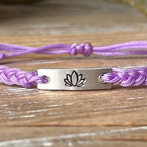 Lotus Flower | Hand Stamped | Adjustable Aluminum Bar Bracelet | Nylon Cord | Choose Your Color Band | Lotus Flower Bracelet