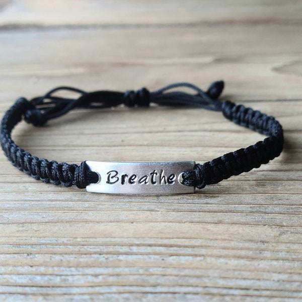 Breathe | Hand Stamped Bracelet | Adjustable Aluminum Bar/Oval Bracelet | Nylon Cord Bracelet | Choose Your Color Band